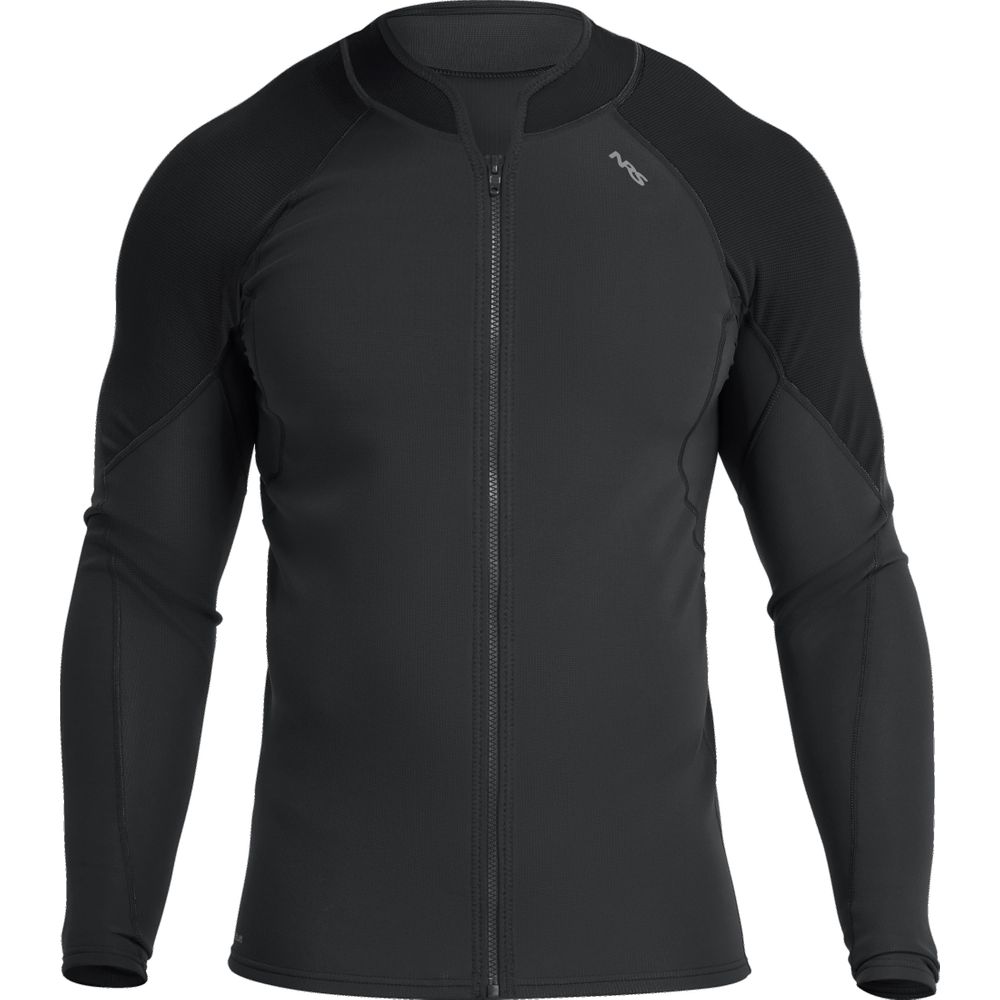 The NRS Hydroskin 0.5mm Jacket for men features a black long-sleeve design with a front zipper and a subtle logo on the upper left chest, providing neoprene warmth for superior insulation.