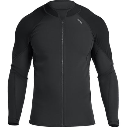 The NRS Hydroskin 0.5mm Jacket for men features a black long-sleeve design with a front zipper and a subtle logo on the upper left chest, providing neoprene warmth for superior insulation.