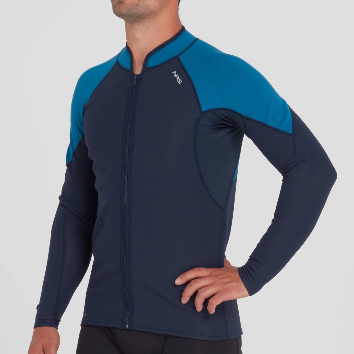 Man wearing a blue long-sleeve NRS Hydroskin 0.5 Jacket designed for paddling performance, with a front zipper.
