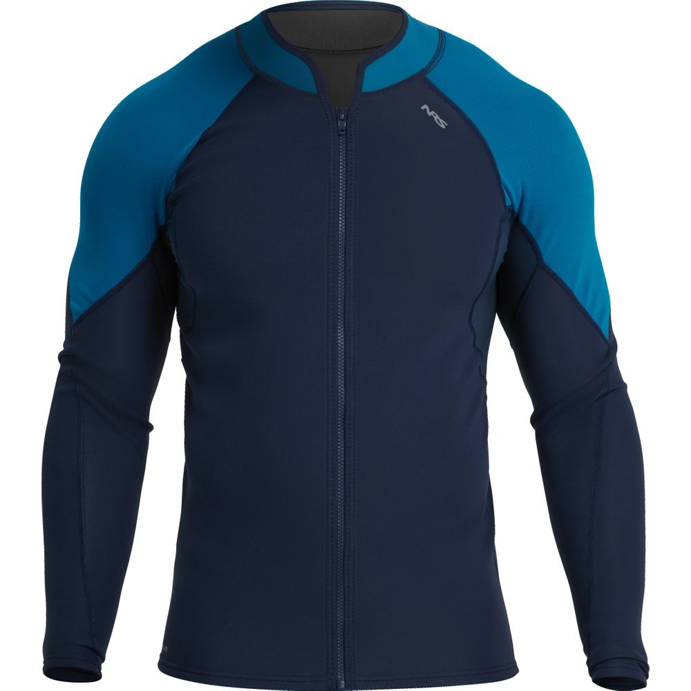 Close-up of NRS's Hydroskin 0.5mm Men's Jacket, featuring long sleeves, blue and dark blue colors, a front zipper, and neoprene warmth.