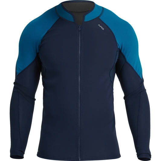 Men's blue and black long-sleeved NRS Hydroskin 0.5 Jacket with a front zipper and nylon-spandex exterior.