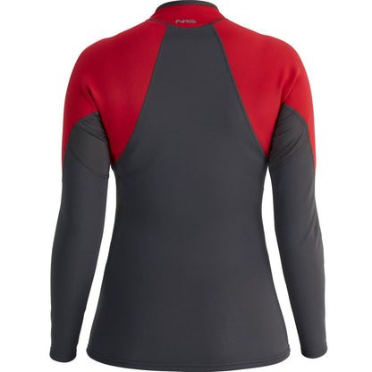 Back view of the NRS Hydroskin 0.5mm Jacket - Women's, showcasing a red and dark grey design, perfect for boosting paddling performance.