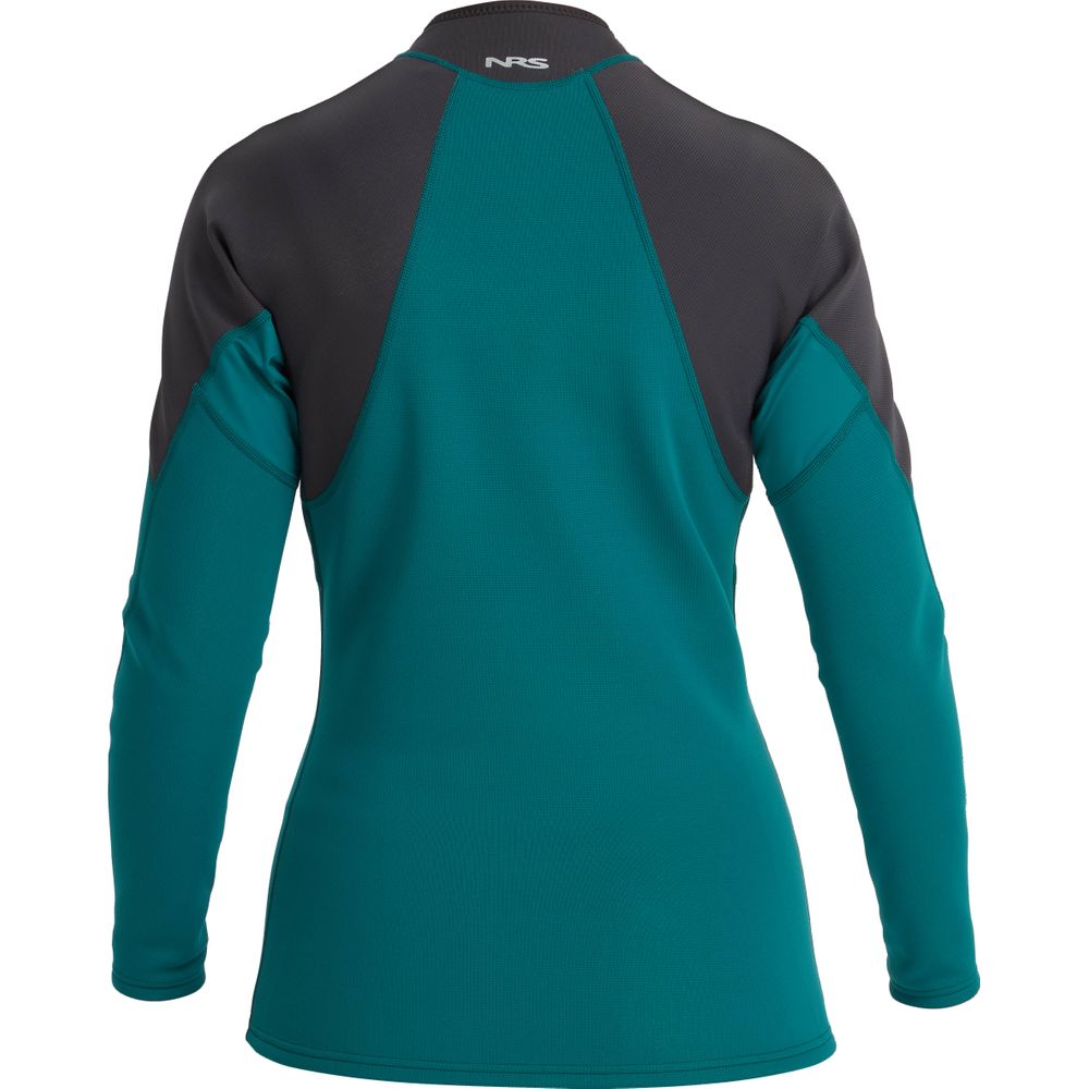 Rear view of the Hydroskin 0.5mm Jacket - Women's, featuring a high collar and NRS logo on the upper back, designed in teal and black for optimal paddling performance.