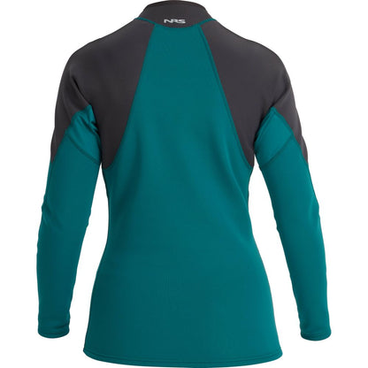 Rear view of the Hydroskin 0.5mm Jacket - Women's, featuring a high collar and NRS logo on the upper back, designed in teal and black for optimal paddling performance.