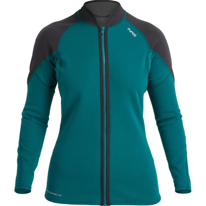 The NRS Hydroskin 0.5mm Jacket for women is a teal and black long-sleeve jacket, featuring a front zipper and the "NRS" logo on the chest, made of neoprene to boost paddling performance.