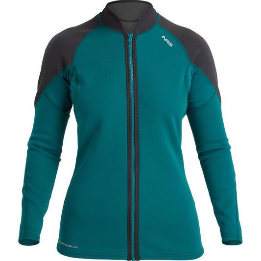 The NRS Hydroskin 0.5mm Jacket for women is a teal and black long-sleeve jacket, featuring a front zipper and the "NRS" logo on the chest, made of neoprene to boost paddling performance.