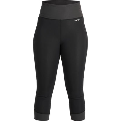 The NRS Hydroskin 0.5mm Capri for women features black cropped leggings with a wide waistband and a small side logo, perfect for enhancing your paddling performance.