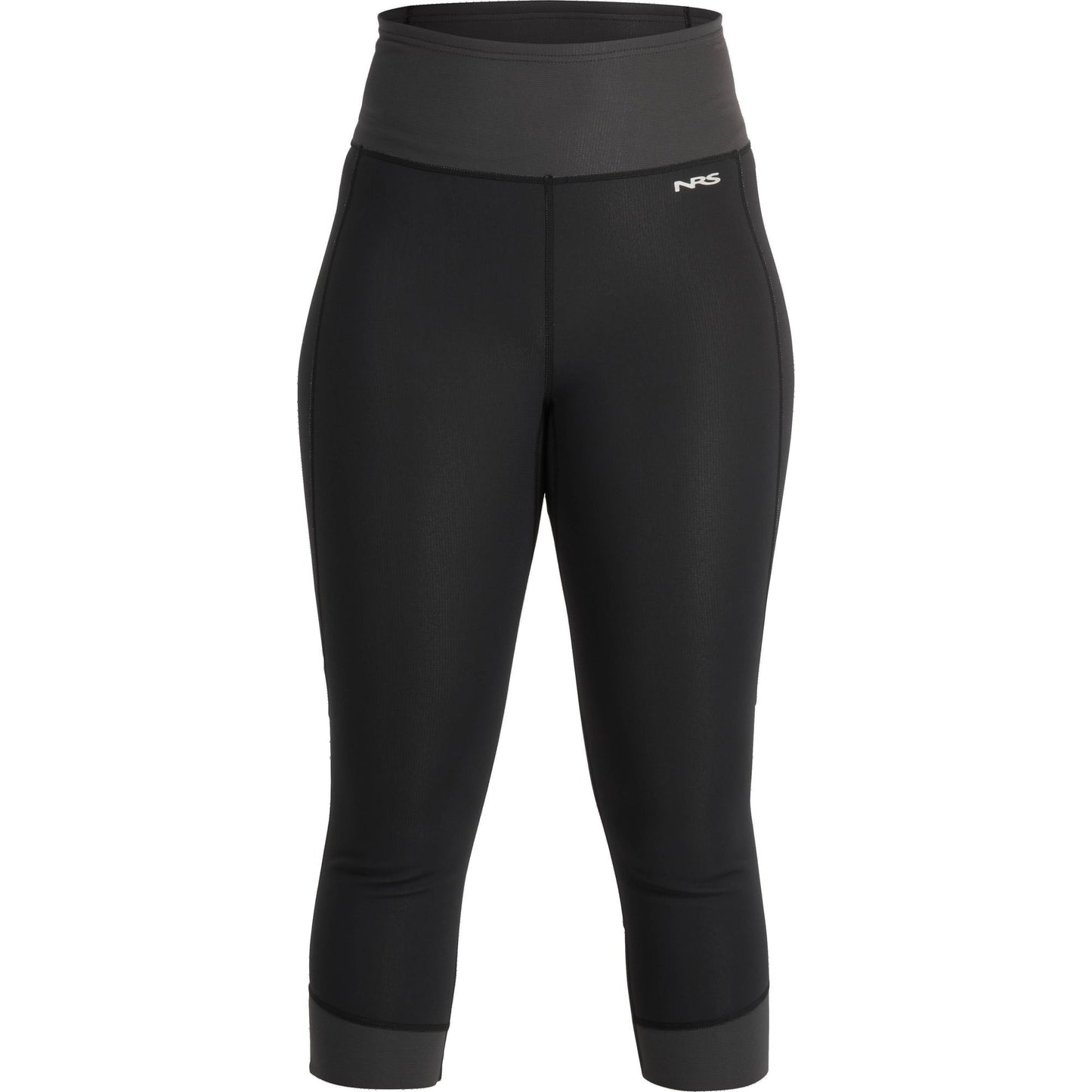 Black Hydroskin 0.5 Capri athletic leggings with a wide waistband and a small white logo on the front left by NRS.
