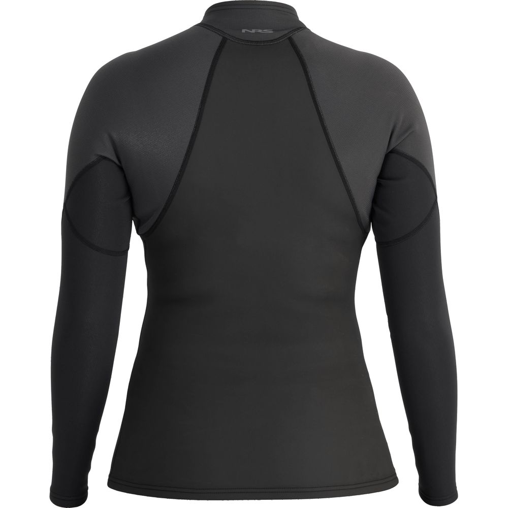 Back view of the NRS Hydroskin 1.0mm Women's Long Sleeve Shirt on a mannequin, highlighting its reinforced stitching and wetsuit-style fit for neoprene protection.