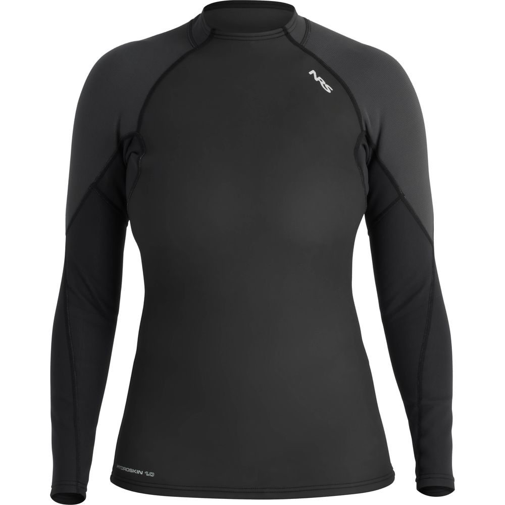 The NRS Hydroskin 1.0mm Long Sleeve Shirt - Women's is a black, wet-suit style athletic top, featuring a high neckline and subtle logo on the chest.