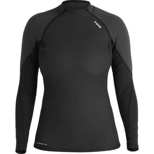 The NRS Hydroskin 1.0mm Long Sleeve Shirt - Women's is a black, wet-suit style athletic top, featuring a high neckline and subtle logo on the chest.
