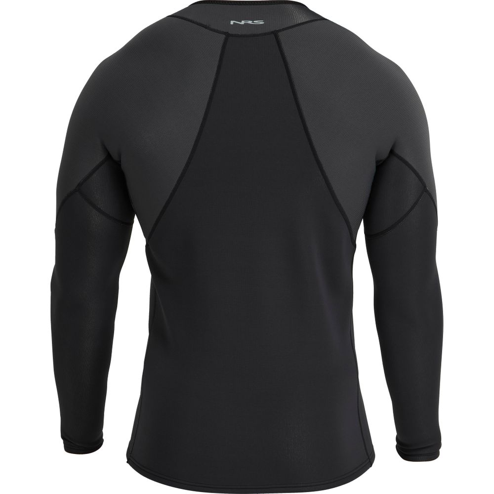 The NRS Hydroskin 1.5mm Jacket - Men's, a black long-sleeve wetsuit top designed for paddling, showcases visible stitching and a high neckline from the back. Made with neoprene insulation, it offers warmth and flexibility for every adventure.