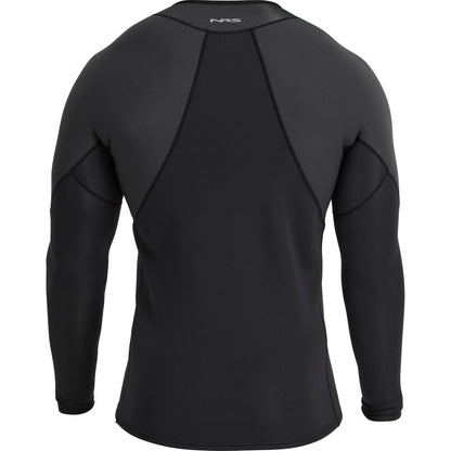 The NRS Hydroskin 1.5mm Jacket - Men's, a black long-sleeve wetsuit top designed for paddling, showcases visible stitching and a high neckline from the back. Made with neoprene insulation, it offers warmth and flexibility for every adventure.