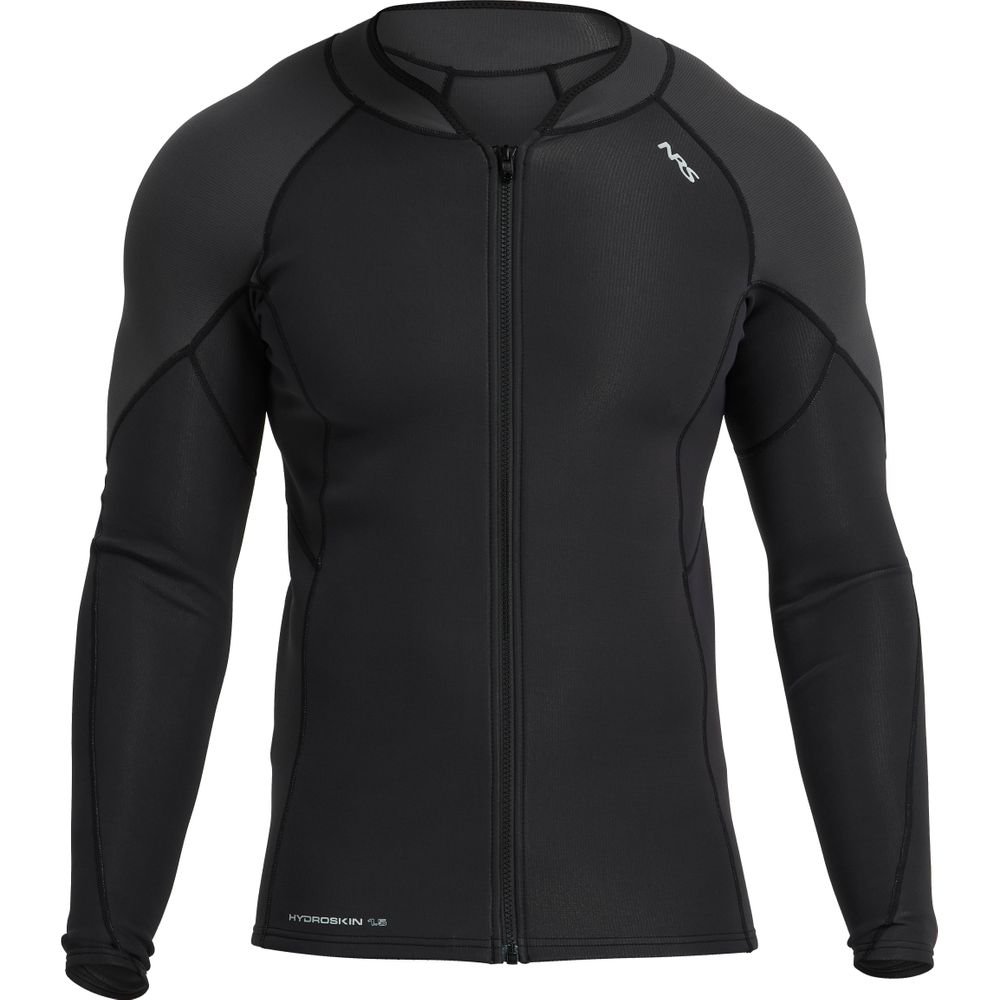 The NRS Hydroskin 1.5mm Jacket - Men's is a black long-sleeve wetsuit top with neoprene insulation and a front zipper for enhanced paddling performance. It features a subtle logo on the left chest, combining style and functionality.