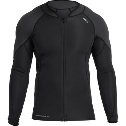 The NRS Hydroskin 1.5mm Jacket - Men's is a black long-sleeve wetsuit top with neoprene insulation and a front zipper for enhanced paddling performance. It features a subtle logo on the left chest, combining style and functionality.