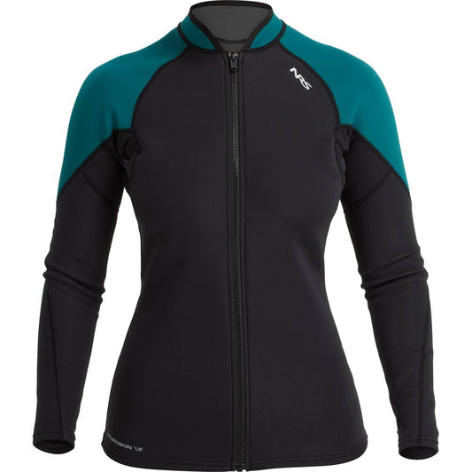 The NRS Hydroskin 1.5mm Jacket - Women's is a black and teal wetsuit with long sleeves, neoprene insulation, and a front zipper. Featuring a chest logo and displayed on a mannequin, it enhances paddling performance while combining style with functionality.