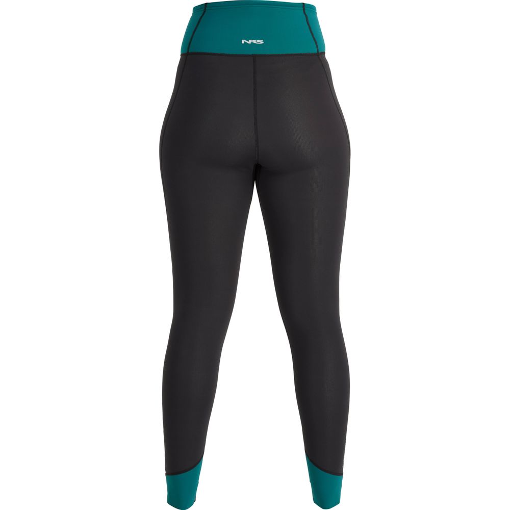 The back view of a woman's black NRS Hydroskin 1.5 Pants, perfect for paddling season.