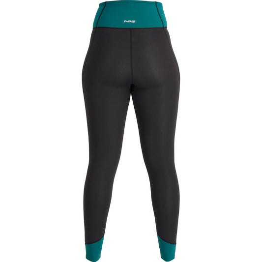 The Hydroskin 1.5mm Pants - Women's by NRS are black and teal high-waisted leggings with neoprene insulation, designed to enhance paddling performance and displayed from the back.