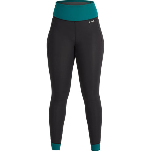 The NRS Hydroskin 1.5mm Pants - Women's are black leggings with a teal waistband and cuffs, a small logo on the upper left thigh, designed for optimal paddling performance and neoprene insulation to keep you warm.