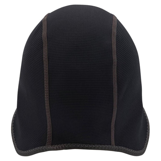 The NRS HydroSkin 0.5mm Helmet Liner is a black neoprene cap with visible stitching, providing excellent thermal protection, shown from the back.