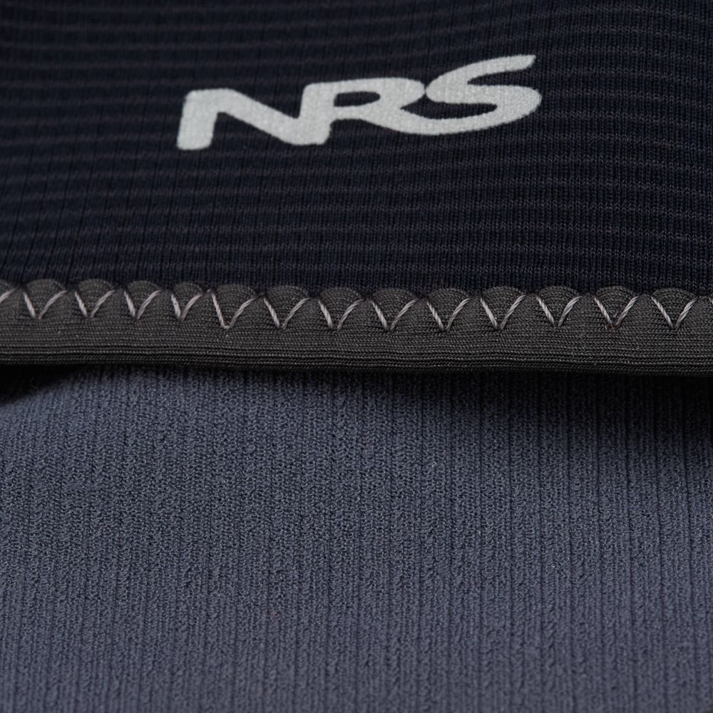 A close-up of a black fabric with the "NRS" logo and visible stitching is elegantly layered over a blue textured fabric, highlighting neoprene insulation for thermal protection in the NRS HydroSkin 0.5mm Helmet Liner.