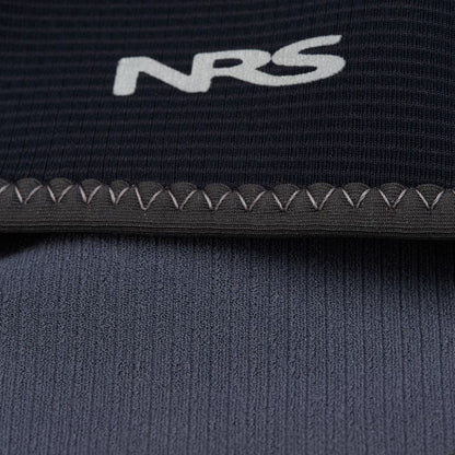 A close-up of a black fabric with the "NRS" logo and visible stitching is elegantly layered over a blue textured fabric, highlighting neoprene insulation for thermal protection in the NRS HydroSkin 0.5mm Helmet Liner.
