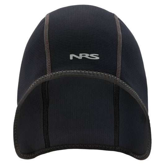 The NRS HydroSkin 0.5mm Helmet Liner, featuring stitched seams and a front logo, provides superior thermal protection with neoprene insulation, ideal for warmth in cold conditions.