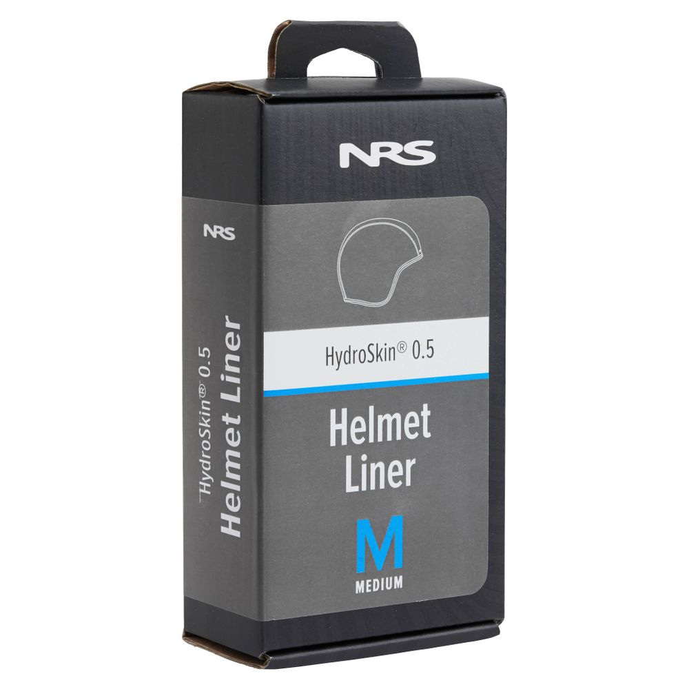 The NRS HydroSkin 0.5mm Helmet Liner comes in a black and gray box and includes a hook for hanging, featuring neoprene insulation.