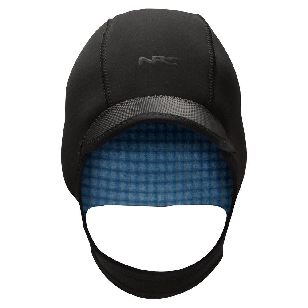 The NRS Storm Cap is a black neoprene swim cap with a chin strap and textured blue lining for extra thermal protection.