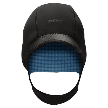 The NRS Storm Cap is a black neoprene swim cap with a chin strap and textured blue lining for extra thermal protection.