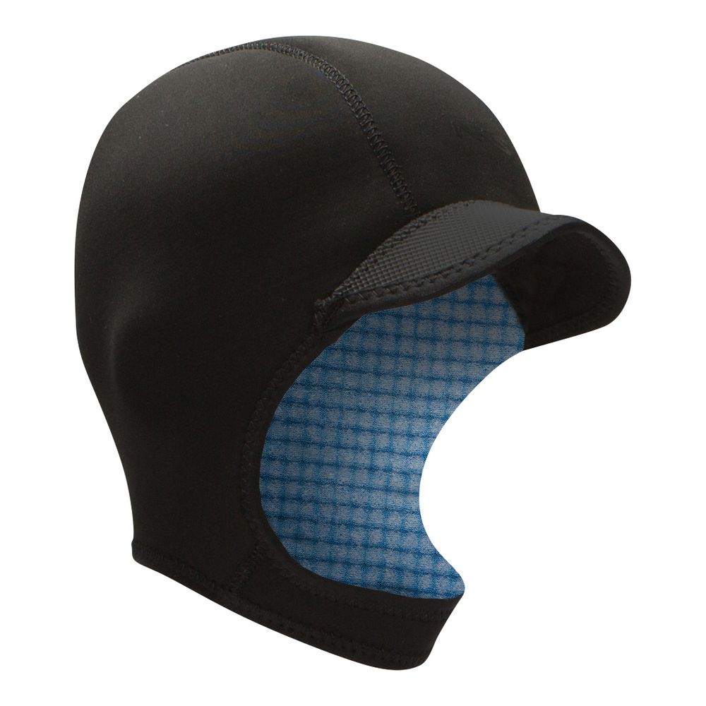 The NRS Storm Cap surf hood in black neoprene features superb thermal protection with a visor and blue lining, perfect for chilly waves.