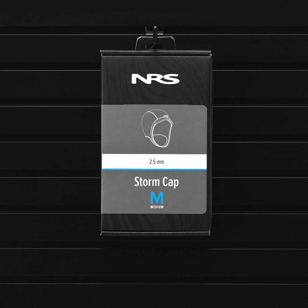 The NRS Storm Cap, featuring 2.5 mm neoprene for thermal protection, is showcased on a sleek black background.