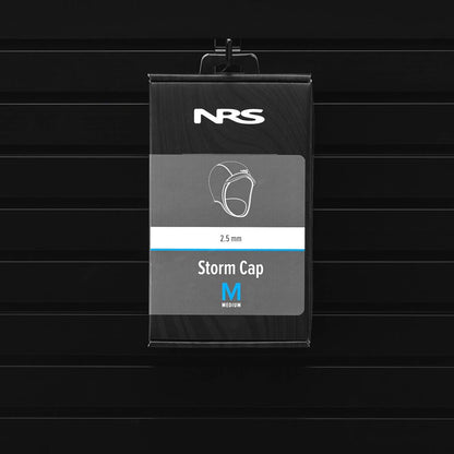 The NRS Storm Cap, featuring 2.5 mm neoprene for thermal protection, is showcased on a sleek black background.