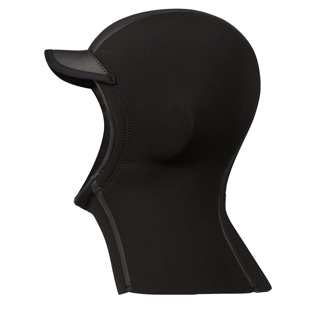 Side view of the NRS Storm Hood, a black neoprene surf hood with a small visor and ThermalPlush lining, designed for optimal cold water protection.