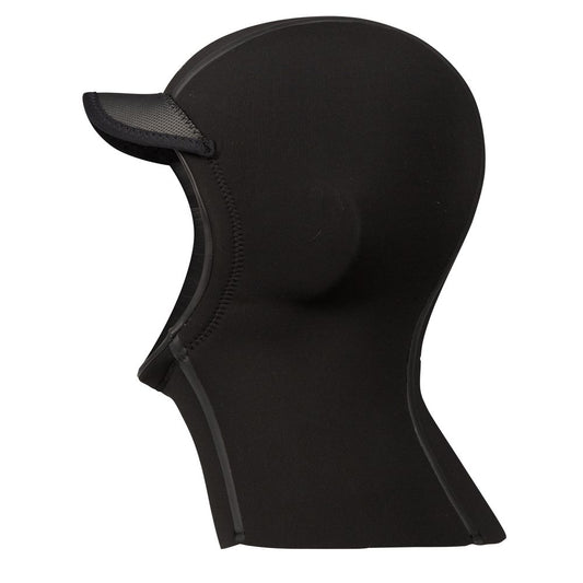 Side view of the NRS Storm Hood, a black neoprene surf hood with a small visor and ThermalPlush lining, designed for optimal cold water protection.