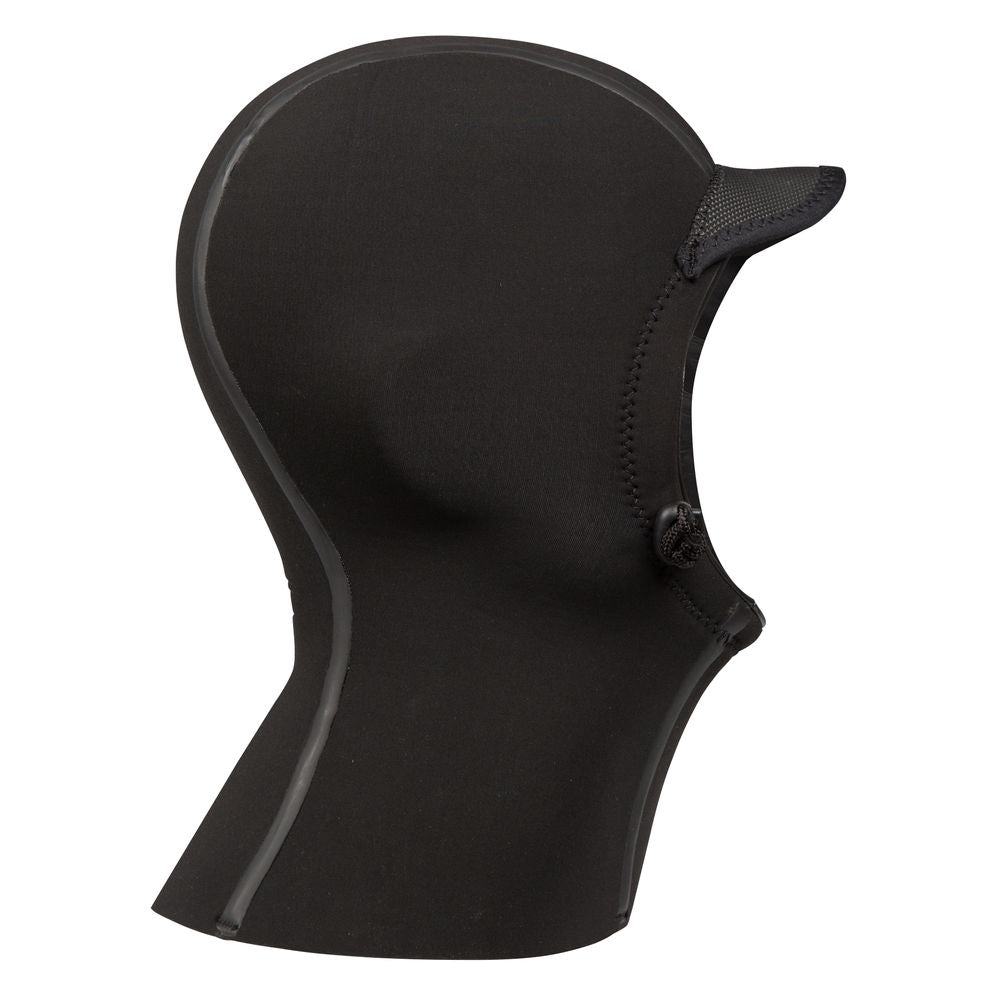 The NRS Storm Hood, featuring ThermalPlush lining and a black neoprene design with a small visor and face opening, offers excellent cold water protection for water sports. It's photographed from the side against a white background.