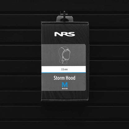 The NRS Storm Hood, with its ThermalPlush lining and 2.5 mm thickness in size medium, provides cold water protection. Displayed on a black slat wall, it combines practicality and style for modern adventurers.