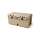 The Canyon Coolers Prospector 150 Raft Cooler is a large tan rotomolded cooler with black latches and handles, a bottom-front drain plug, and Canyon branding—ideal for rugged adventures on the raft.