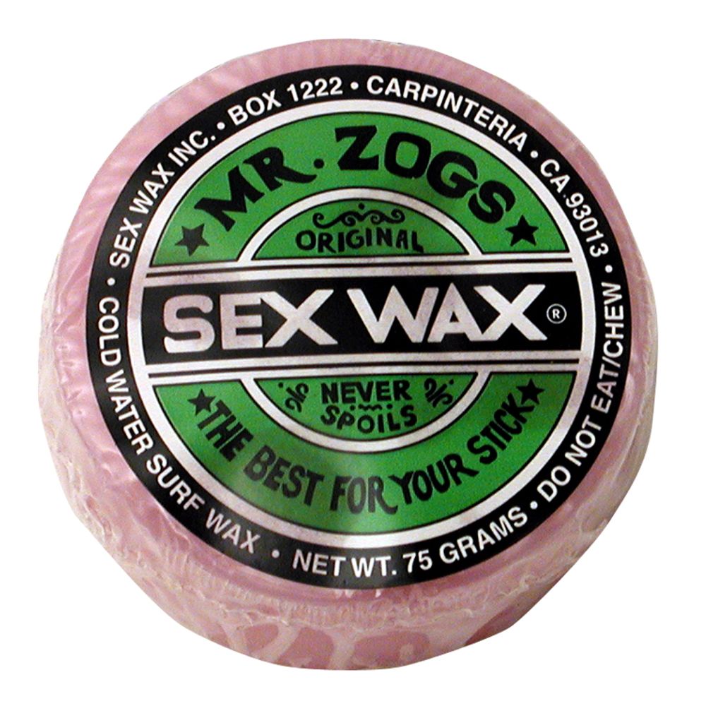 Mr. Zogs' Sex Wax, labeled "Original" as premium surfboard wax in a round container, states "Never Spoils," "The Best for Your Stick," with temperature ranges for warm and cold. Suitable for all conditions, including Tropical Waters formula, it includes instructions and weight info.