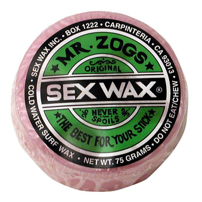 Mr. Zogs' Sex Wax, labeled "Original" as premium surfboard wax in a round container, states "Never Spoils," "The Best for Your Stick," with temperature ranges for warm and cold. Suitable for all conditions, including Tropical Waters formula, it includes instructions and weight info.