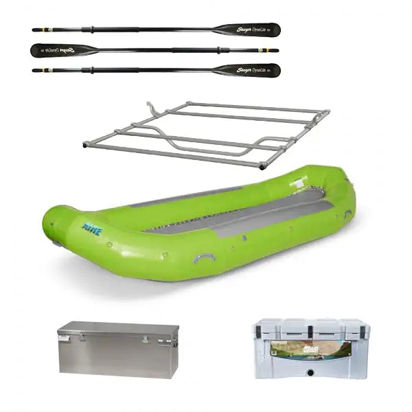The AIRE 160DD Expedition Package features a green inflatable raft with a metal frame, storage box, cooler, and Sawyer MX-S C/B Oars, making it perfect for your next adventure.