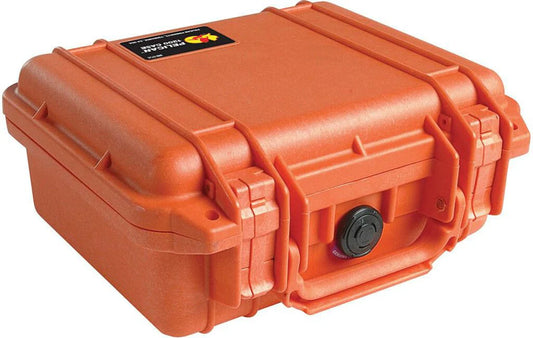 A watertight Pelican 1200 Case with an orange lid.