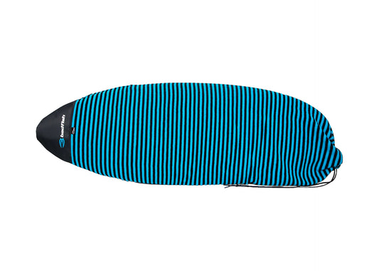 The Badfish Wave Farmer Board Sock is a stylish black and blue striped terry cloth cover with a drawstring closure, offering protection for your epoxy surfboard.