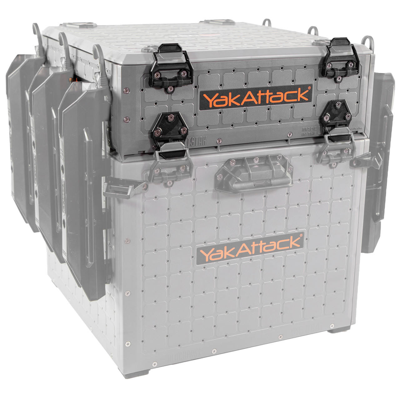 The YakAttack ShortStak Upgrade Kit for BlackPak Pro, featuring latch closures, grid pattern, and side mounting panels—shown partially transparent to highlight its structure—is ideal for advanced kayak tackle organization or upgrading your BlackPak Pro.
