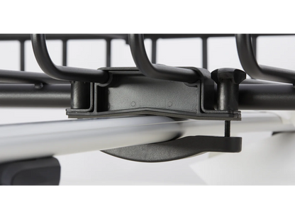 A black and white image of a Yakima Mega Warrior bike rack on a bike.
