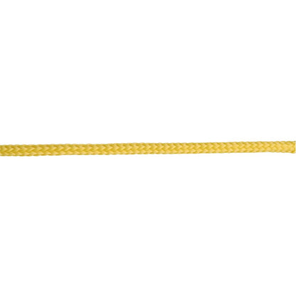 The yellow braided rope, a 3/8in Floating Rescue Rope by NRS and made of durable polypropylene known for its tensile strength, extends horizontally across the white background.