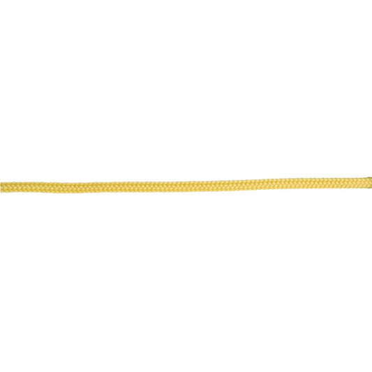 The NRS Yellow Floating Rescue Rope - 1/4", made with kernmantle construction, is straight and horizontally aligned on a white background.