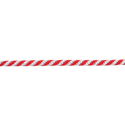 Close-up of the NRS 3/8 Polypro Boat Line, featuring a red and white striped braid, known for its tensile strength, against a white background.