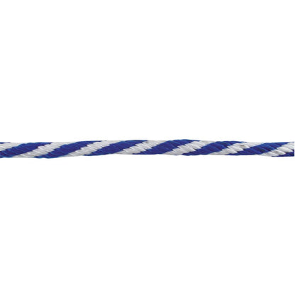 The NRS 3/8 Polypro Boat Line features alternating blue and white strands in a twisted design, showcasing its braided polypropylene texture against a white background, emphasizing its impressive tensile strength.