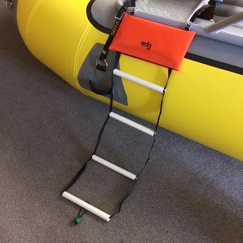 A yellow SDG Raft Ladder with a ladder attached to it. (Assuming that the product name and brand name are both "SDG Raft Ladder" and "SDG River Gear" respectively)